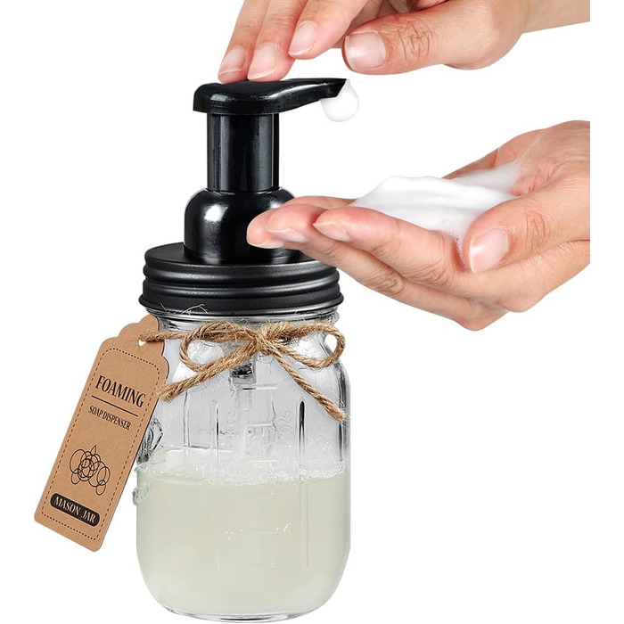 Mason Jar Bathroom Accessory Set, 4 Piece, Foaming Soap Dispenser & 2 Qtip Holders & Toothbrush Holder, Rustic Farmhouse Decor, Apothecary Glass, Countryside Countertop (Black)