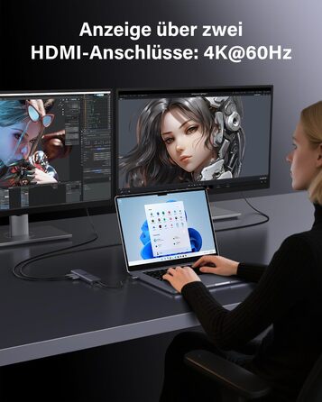 Док-станція для ноутбука Newmight з двома моніторами, адаптер HDMI 4K, Ethernet 1 Gbps, PD 100W, 3 USB 3.0, SD/TF Reader, для HP/Dell (Сірий)