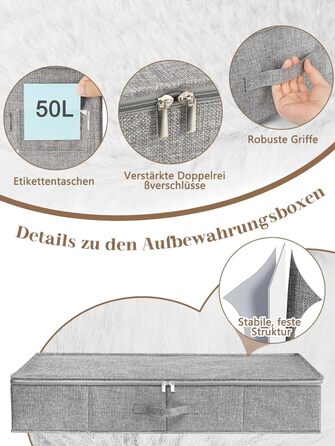 Коробки для зберігання під ліжко MePure, сірі, 2 шт. – 50л, з кришкою та блискавкою, для одягу, ковдр, постільної білизни, подушок, 76×38×17 см