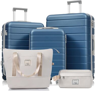 Набір валіз Merax Hartschalen з 5 частин (3 валізи, 2 косметички), рожево-коричневий та хакі, з колесами, для подорожей