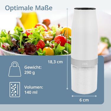 Electric salt mill with tilt sensor | Pepper mill with ceramic grinding mechanism | Spice mill | Infinitely adjustable | Salt, pepper, chili, dried herbs | Herb mill | With lighting | White