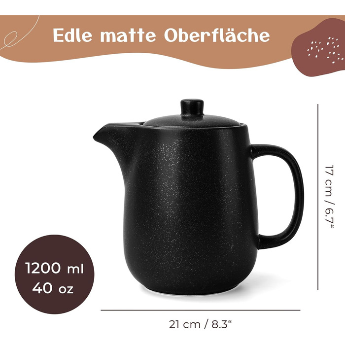 Чайник Happy Lemuro з ситечком - 1,2 л - керамічний чайник чорного кольору (антрацит)