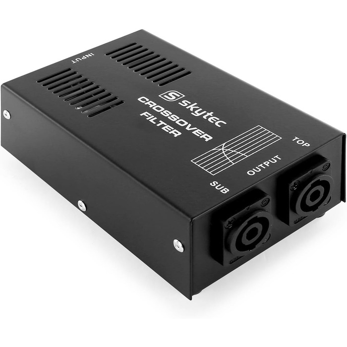 SkyTec STP-1 пасивний кросовер 2-смуговий, 1000 Вт, Powercon, 1 вхід, 1 вихід сабвуфера, 1 вихід топ, аудіофільтр, чорний