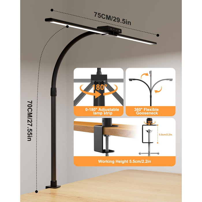 Світлодіодна лампа VUENICEE для столу з регулюванням яскравості та пультом дистанційного керування, 20W, кріплення-прищіпка, офісна лампа, 5 режимів кольору та яскравості, гнусий
