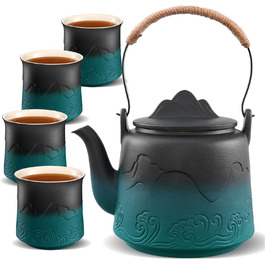 ZENS Design Japanese Teapot, 1000ml Gradient Embossed Japanese Ceramic Teapot with Built-in Strainer and Hemp Rope Handle for Loose Leaf Tea Steeper, Gift for Tea Lovers, Black & Bean Green (Black & Green, 1000ml Teapot & 4 of 200ml Cups)