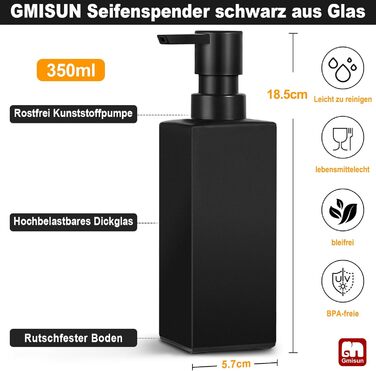 Дозатор для мила GMISUN для ванної кімнати та кухні, 350 мл, чорний скляний диспенсер з піддоном та водонепроникними етикетками (2 шт)