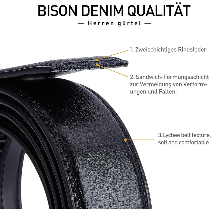Чоловічий шкіряний ремінь BISON DENIM з автоматичною пряжкою - для бізнесу та костюмів, ширина 35 мм, чорний, розмір 115
