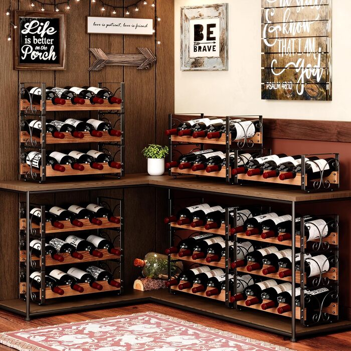 Rustic 3-Tier Stackable Wine Rack Freestanding 12 Bottle Organizer Holder Stand Countertop Liquor Storage Shelf Solid Wood & Iron 16.5