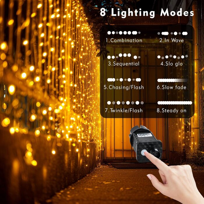 Ланцюжок прикрас для зовнішнього використання 60м, 530 LED, тепле біле світло. Ланцюжок для зовнішнього використання з таймером, 8 режимів, IP44, вологостійкий. Підходить для прикраси ялинки, саду, балкону, вечірки, весілля.