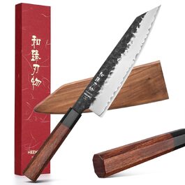 Професійний японський ніж Kiritsuke HEZHEN 21,5 см, кухонний ніж із 3-шарової дамаської сталі з восьмигранною ручкою з червоного дерева та дерев'яним чохлом