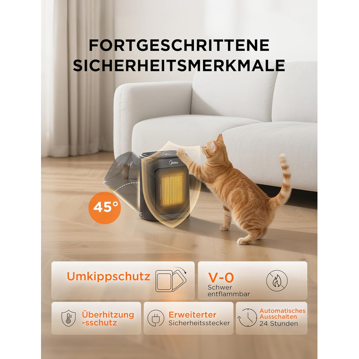 Електричний обігрівач Midea Ceramic 2000W з термостатом, 3 режими, таймер 24г, захист від перегріву та перекидання, миттєве тепло для офісу та спальні, 22 см, чорний