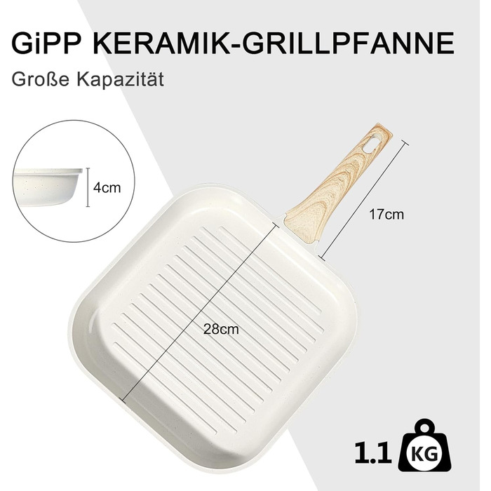 GiPP Гриль-сковорода 28x28 см для стейків, алюмінієва з гранітним антипригарним покриттям, індукція, без PFOA, для всіх плит, біла