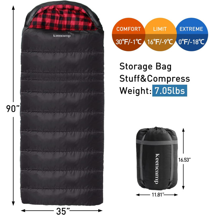 Сплячий мішок Keencamp Flanell Outdoor: теплий, бавовняний, для 3-4 сезонів, до -1°C, XXL, 230x90 см, чорний, для дорослих