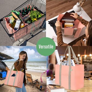 VENO 34 Liter Large Shopping Bag Foldable with Sturdy Bottom and Front Pocket, Reusable Shopping Bags Water-Resistant Tote Bag Shopping Basket for Shopping Picnic (Pink, 4-Pack)
