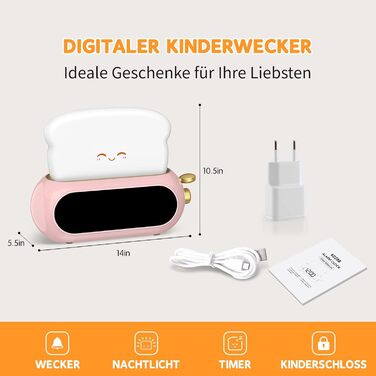 Kids Alarm Digital Clock, Children's Alarm Clock with Night Light, LED Display, 10 Ring Tones, 5 Brightness Levels, Timer, Snooze Function, Light Alarm Clock for School Beginners Girls Boys, Plug-in Power Adapter