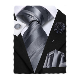 Комплект краваток для чоловіків Hi-Tie: краватка, нагрудна хустинка, кравецькі шпильки, запонки, формальний шовк, для весілля та свят (смугастий темно-сірий)