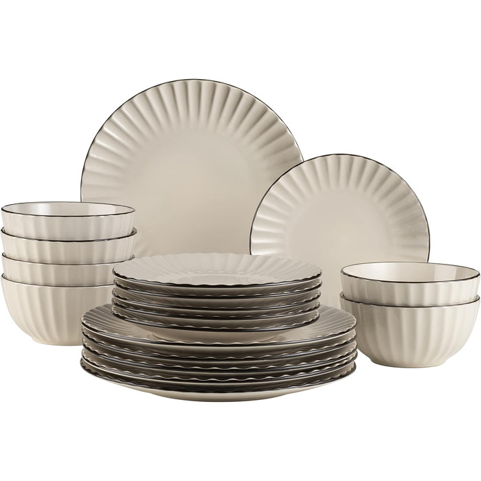 MÄSER 931967 Osita Retro Tableware Set for 6 People with Wave Design, 18-Piece Round Dinnerware Set with Dinner Plates, Dessert Plates, and Muesli Bowls, Dinnerware Set, Stoneware, Cream White Combination Service