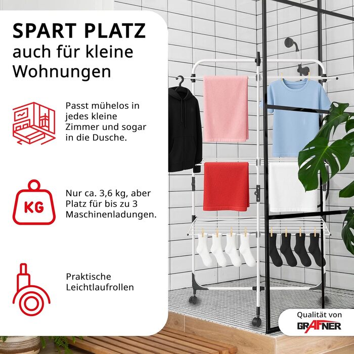 Сушарка для білизни Grafner Turm з колесами, 30 метрів мотузки, 3 яруси, 6 крил, розкладна та компактна