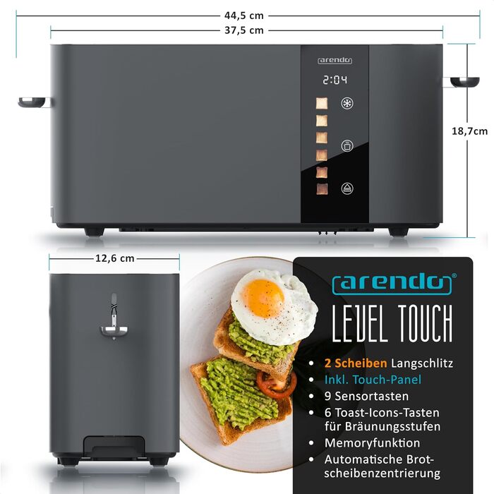 Тостер Arendo з нержавіючої сталі, 2 відділення, довгий проріз, сенсорний дисплей, подвійні стінки, насадка для тостів, 6 ступенів підсмажування, центрування хліба, індикатор часу, функція пам'яті, чорний (B: Cool Grey)