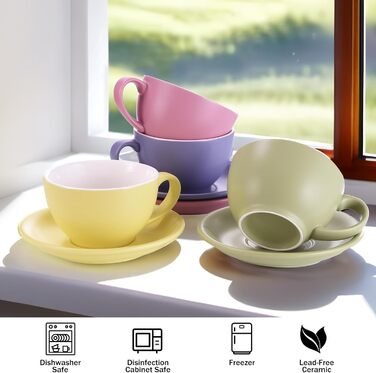 Набір кавових чашок Yundu Cappuccino 4 шт. по 300 мл з блюдцями, кераміка, матові кольори для латте-арт, для бариста, великі мока чашки