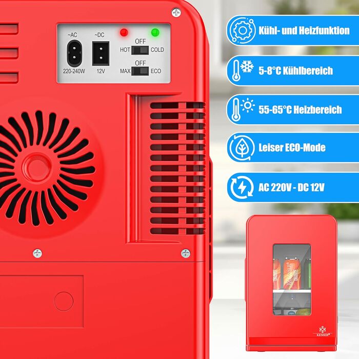 KESSER® Міні-холодильник 2-в-1, 15л: Автомобільний холодильник-термос з функцією охолодження та підігріву (220-240V/12V), червоний
