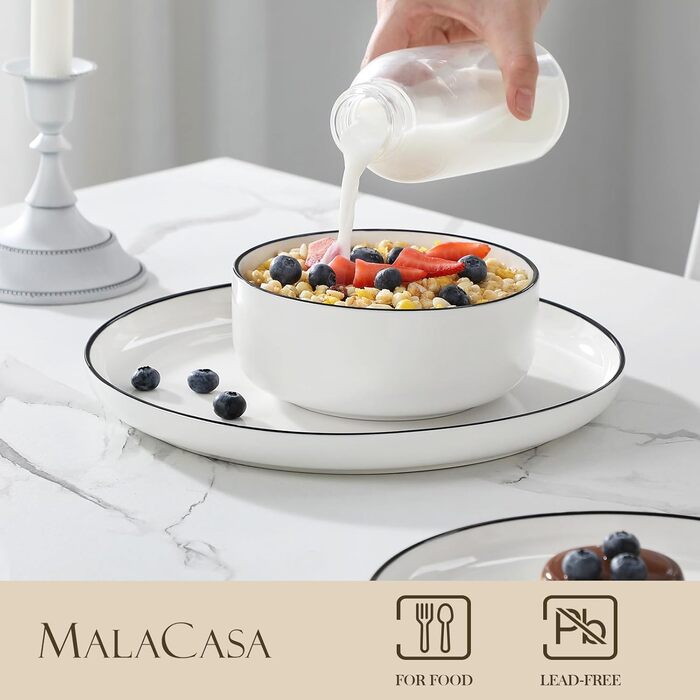 MALACASA, Luna Series, 12-Piece White Porcelain Dinnerware Set – Combination Set, including 4 Dinner Plates, 4 Dessert Plates, and 4 Cereal Bowls for 4 people