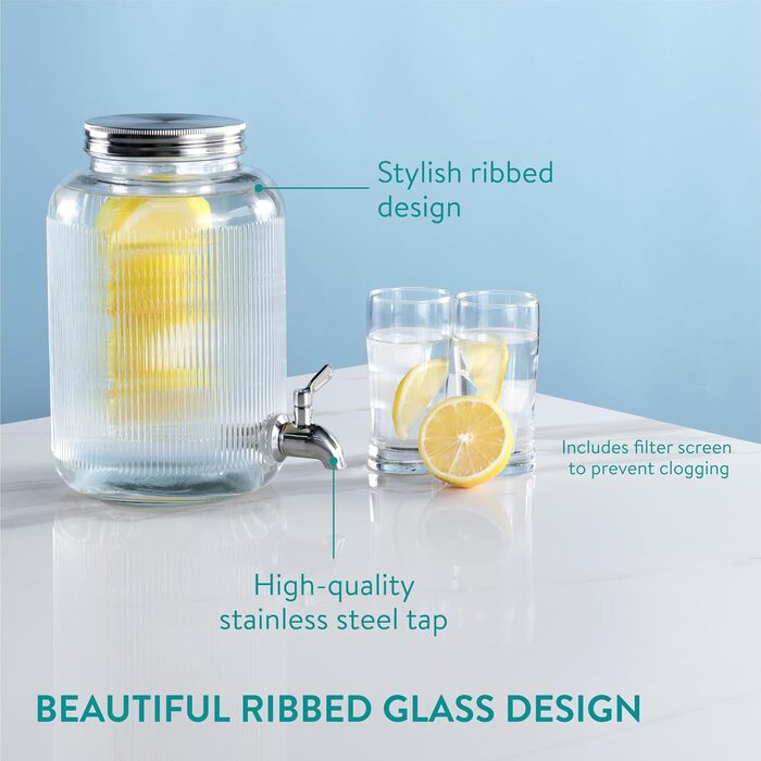 Navaris Drink Dispenser with Tap - Punch Bowl with Lid - Glass Drink Dispenser with Tap - Glass Water Dispenser - Lemonade Dispenser - Juice Dispenser - 4 Liters