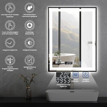 Дзеркало YOURLITE з підсвічуванням 70x50 см, LED дзеркало для ванної кімнати з сенсорним вимикачем, годинником, 3 кольори світла, регулювання яскравості, антизапарник, пам'ять, срібний (чорний, 80x60 см)