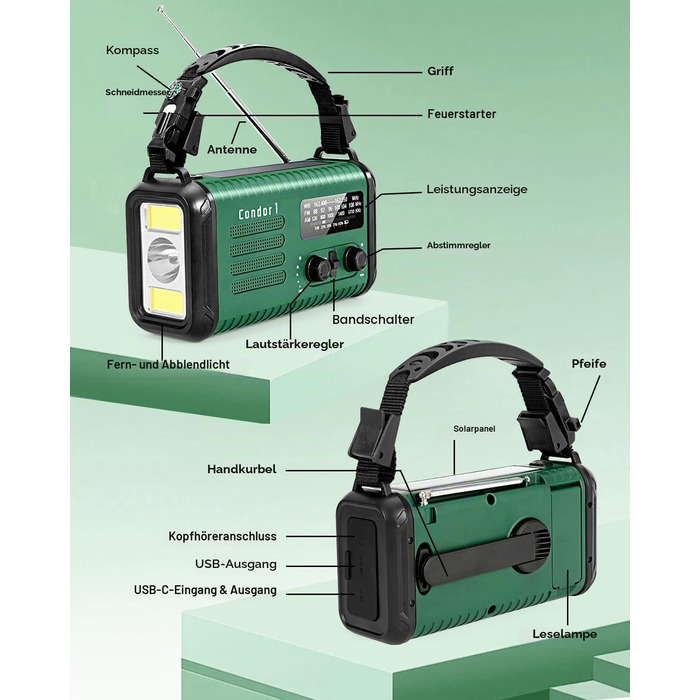 Радіо Kurbelradio 20000mAh сонячне з ручним заводом, AM/FM, SOS, LED-ліхтарик, USB зарядка для телефону, аварійне живлення, зелений