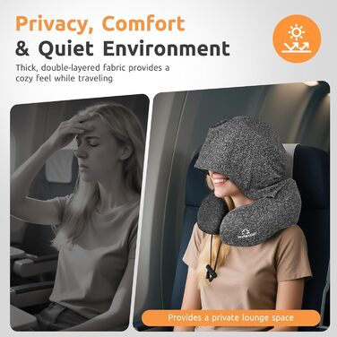 Подушка для шиї в літак з капюшоном, Memory Foam, регульована, для дорослих, авто, офіс (сіра)