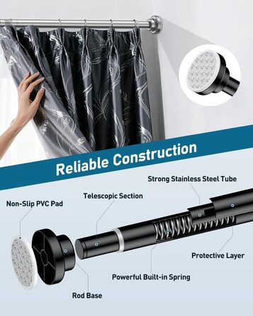 Штанга для душу Uniclife без свердління, 82–204 см, регульована, нержавіюча сталь, для ванної, вікна, шафи (чорна)