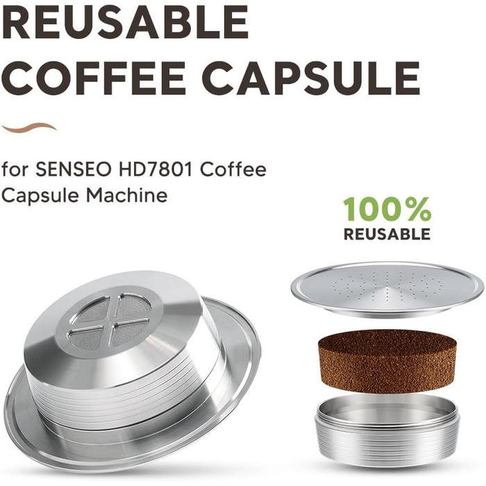 Buziba Coffee Capsules, Reusable Stainless Steel Coffee Pad Filter, Refillable, Capsule Spoon, Brush Set for Senseo HD7801 Coffee Machine Accessories