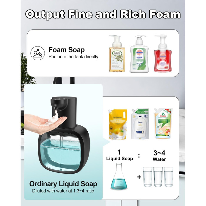 Автоматичний диспенсер для мила Dalugo з USB-C, 500 мл, настінний, електричний сенсор, регульований, для кухні та ванної кімнати, чорний, диспенсер для рідкого/пінистого мила