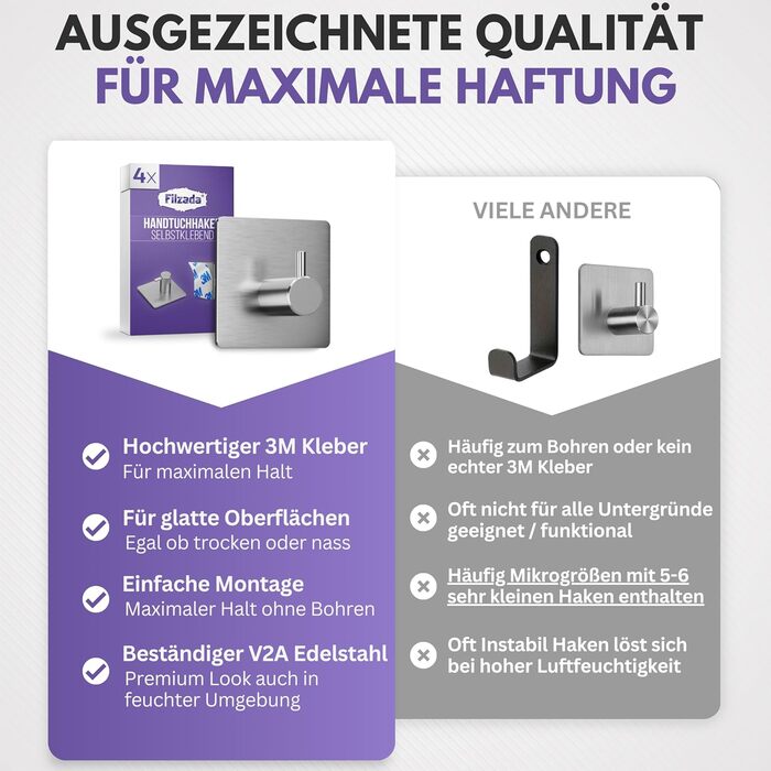 Набір гачків для рушників Filzada® (4 шт.) - не потребують свердління, нержавіюча сталь, 3M, водонепроникні, для ванної кімнати