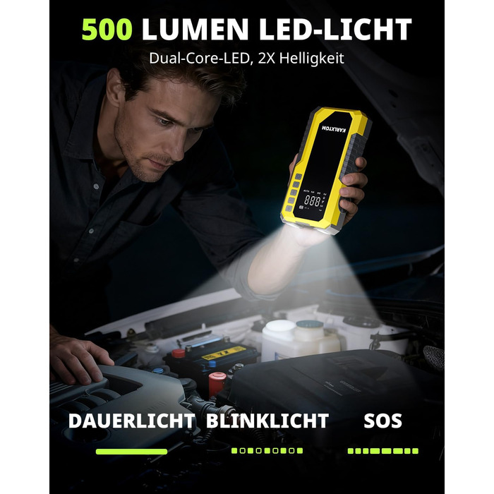 Powerbank для авто Karlxtom з компресором 190PSI, 88Wh, 4500A, LED-ліхтар, LCD-дисплей, для бензинових та дизельних двигунів (до 10L)