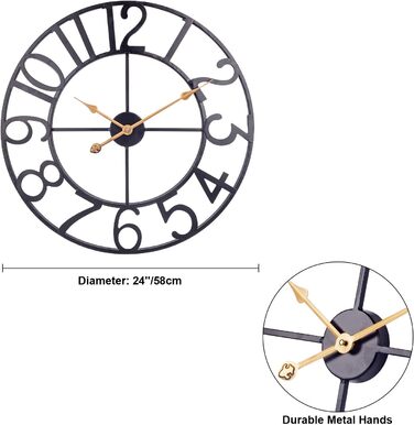 Large European-Style Industrial Vintage Wall Clock with Roman Numerals, Silent No Ticking Sounds Metal Wall Clock, Decorative Wall Clock for Living Room, Kitchen, Bedroom - (Black Arabic, 76cm)