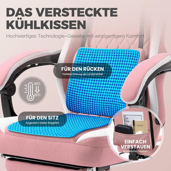 Ігровий крісло Dowinx з тканини, масажний крісло з підніжкою, ергономічне, для PC, геймінгу, офісу, 150 кг, рожево-білий