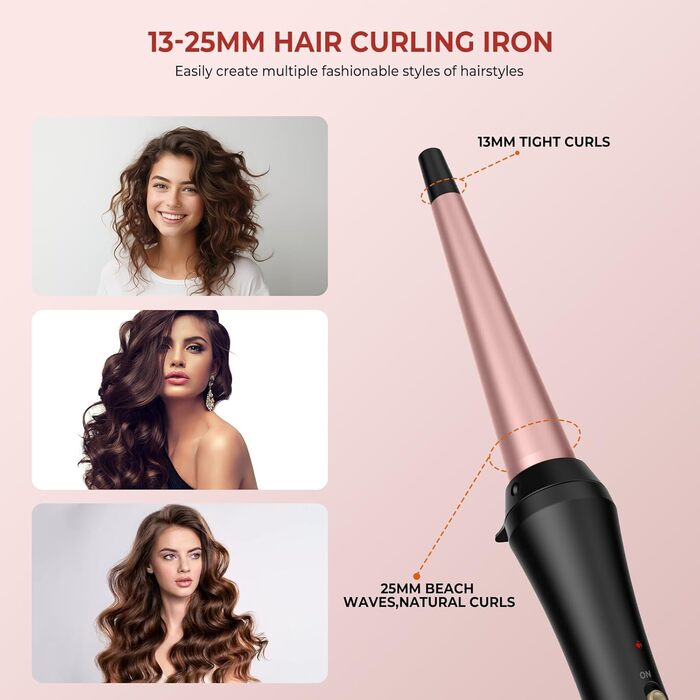Локшина для волосся UKLISS PRO 32 мм з великою насадкою, для довгих та середньої довжини волосся, 140-200°C, подвійне напруження, рожеве золото (конічне)