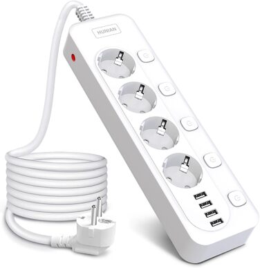 Мережевий фільтр перенапруги HUNIAN з 4 розетками та 4 USB, 4000W/16A, індивідуальне вмикання, захист від дітей, 2 м кабелю