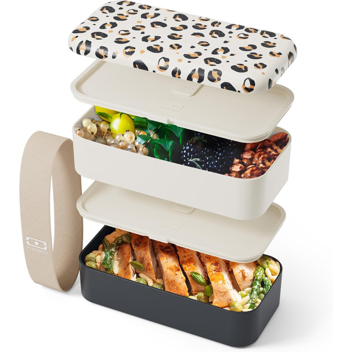Monbento Brotdose: Bento Box з 2 рівнями для дорослих - витримує мікрохвильову піч, BPA-free, для роботи та Meal Prep, Moka (Graphic Leopard)