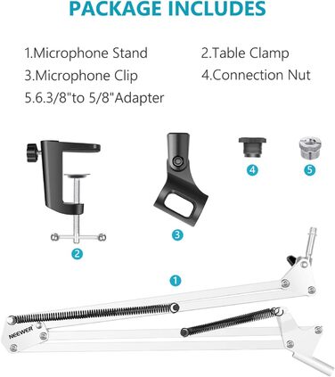 NEEWER Регульований мікрофонний стійка з підвісом, максимальне навантаження 1 кг, для радіо, телебачення, студійного запису та подій, сумісний з Blue Yeti Snowball Yeti X (білий)
