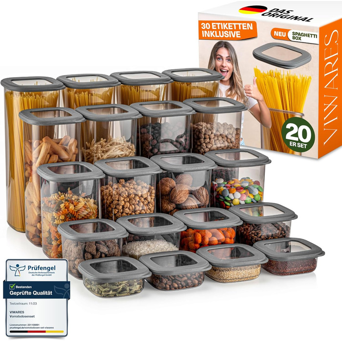 Набір контейнерів для зберігання продуктів 20 шт. з кришкою, герметичні, BPA-Free, сірі