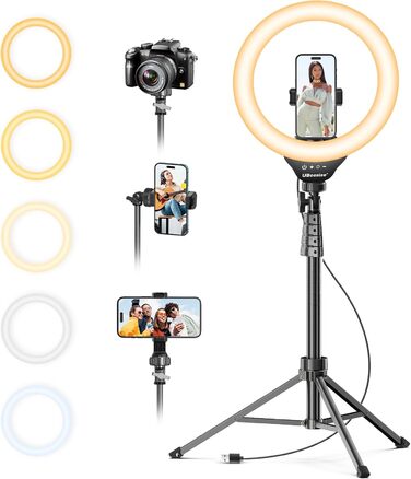 Ringlicht UBeesize 12 дюймів з триподом, 62 дюйми, для відео та стрімінгу, сумісний з телефонами, камерами, веб-камерами, сенсорне керування, білий, теплий, денне світло
