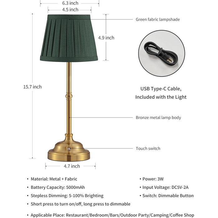 LED Настільна лампа бездротова, димована вінтажна приліжкова лампа, ретро акумуляторна настільна лампа 4000mAh, для дому, бару, вітальні (Золото + Зелений абажур, 2 шт)