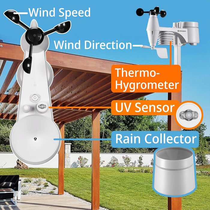 Метеостанція Bresser ClearView 7002586 з Wi-Fi та зовнішнім датчиком: Професійний 7-в-1 сенсор (вітер, вологість, температура, опади, УФ-індекс, освітленість), чорна