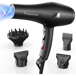 Dekuri Professional Ionic Hair Dryer with Diffuser & Styling Nozzles - 3 Heat & 2 Speed Settings, 2.5m Cord - Powerful Hair Dryer for Family Use (Black)