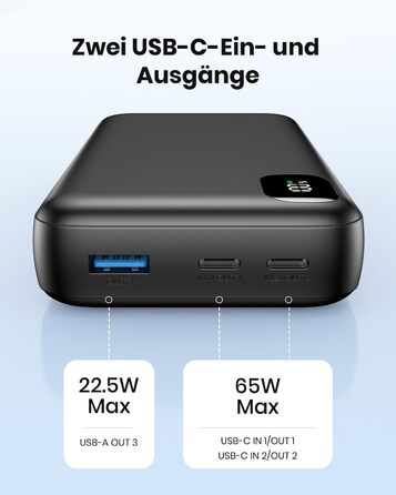 Power Bank A ADDTOP 20000mAh 65W: зарядний пристрій для ноутбука, iPhone, iPad. 2 USB-C, 1 USB-A. Чорний