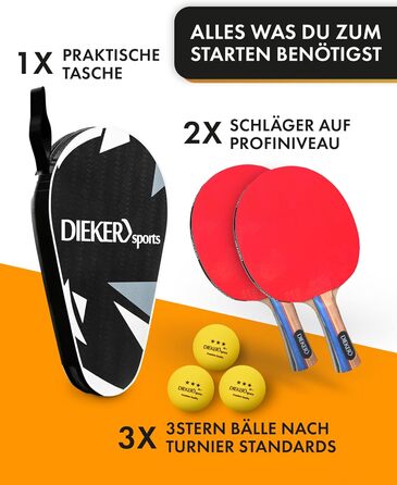 Набір для пінг-понгу DIEKER | 2 ракетки, 3 преміум м'ячі, міцна сумка | Для всієї родини, чорний