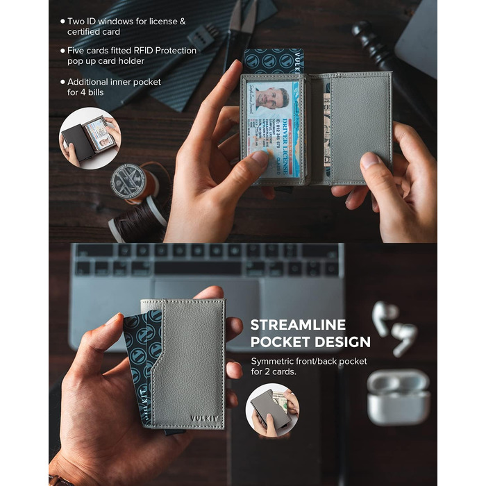 Кредитне портмоне VULKIT з двома віконцями для ID, RFID-захистом, автоматичне відкривання, шкіряне, сірий колір
