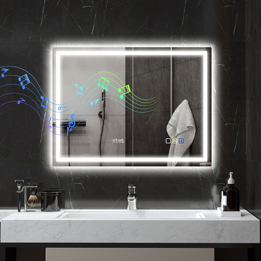 Дзеркало для ванної кімнати HOMCOM з підсвіткою 80x60 см, LED, з Bluetooth, функцією пам'яті, годинником, 3 кольорами світла, запобігає запотіванню, сенсорне управління, сріблястий | Aosom